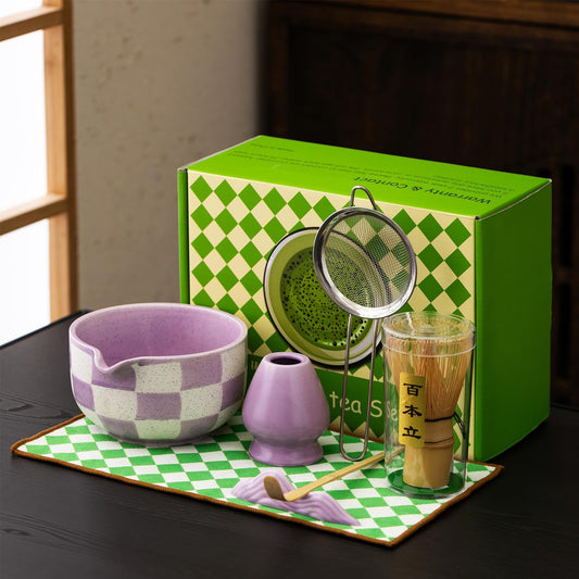 Premium 7-Piece Matcha Tea Set – Traditional Japanese Style with Elegant Grid Pattern, Includes Bamboo Whisk, Ceramic Bowl, Scoop & More – Perfect for Matcha Lovers & Tea Ceremony (Purple grid)