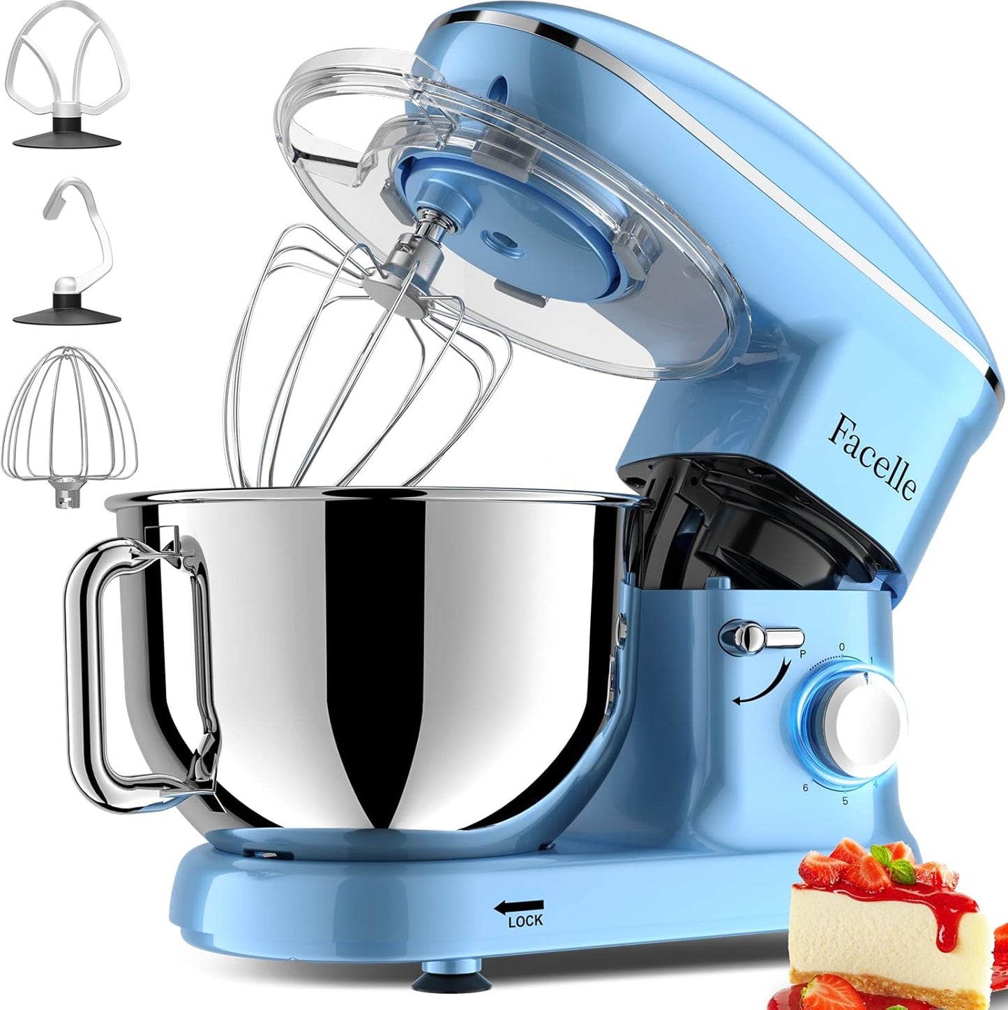 Facelle Stand Mixer, Electric Kitchen Mixer, 660W 6 Speed Tilt-Head stand mixer with Pulse, Attachments include 6.5QT Bowl, Dishwasher Safe Beater,Dough Hook,Whisk for Dough,Baking,Cakes,Cookie - Blue