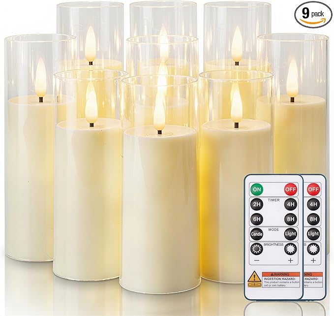 Homemory Ivory Acrylic Flameless LED Candles, Battery Operated with Remote Control and Timer, Electric Fake Candles for Wedding, Home Decor, Set of 9