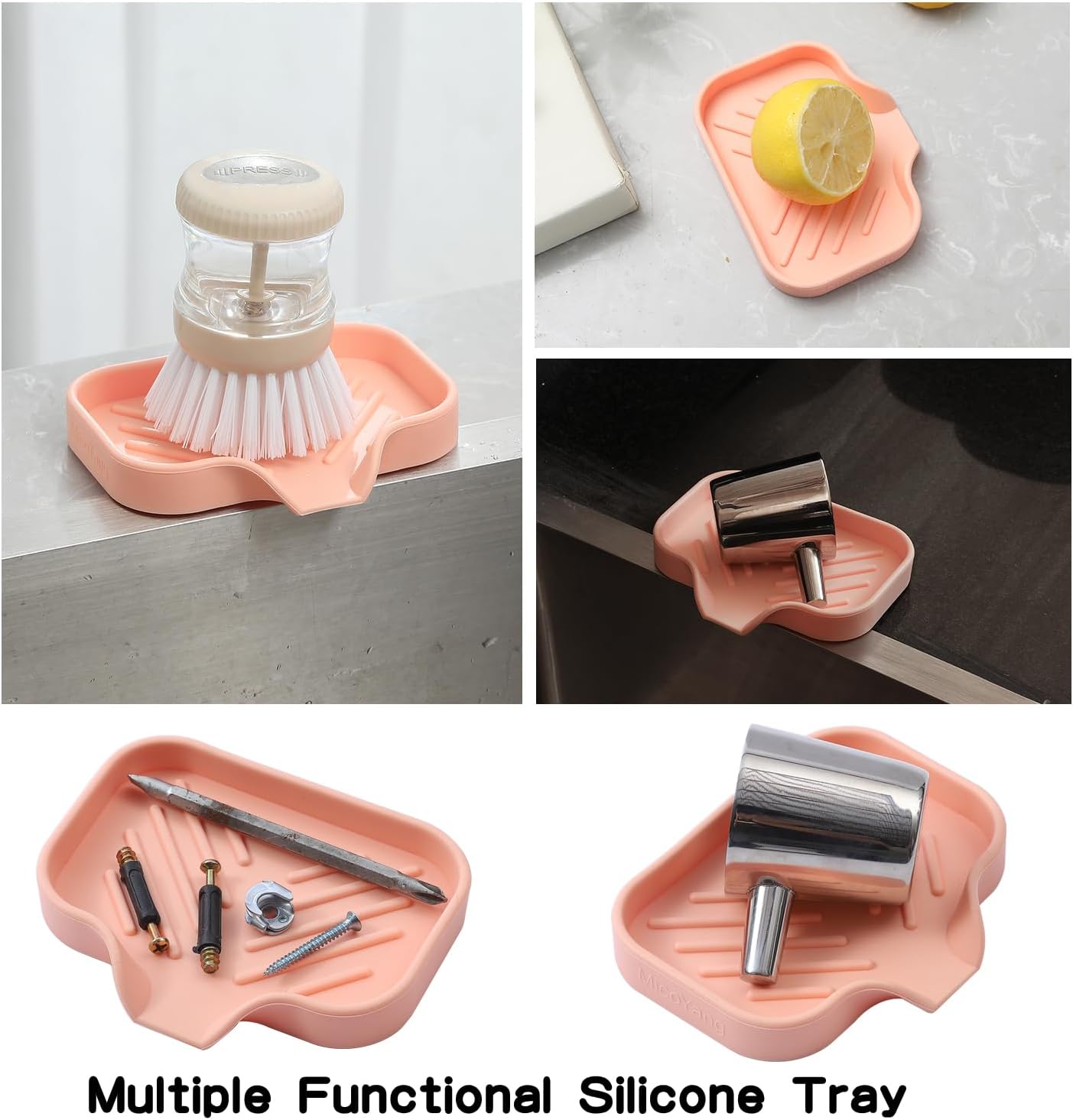 Silicone Bathroom Soap Dishes with Drain Spout-Bathroom and Kitchen Sink Organizer,Sponge Holder,Dish Soap Tray,Perfect for Dispenser,Scrubber,Bottle,Cup on Sink or Counter-Pink 4.9"×3.2"