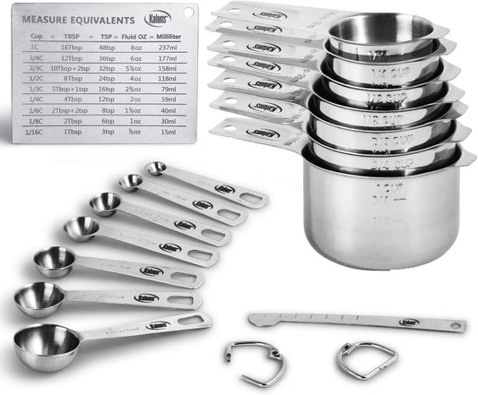 Kaluns Stainless Steel Measuring Cups, Measuring Spoons,16 Piece Measuring Cups and Spoons Set Includes Leveler and Measurements Card, Heavy-duty, Heat and Rust Resistant