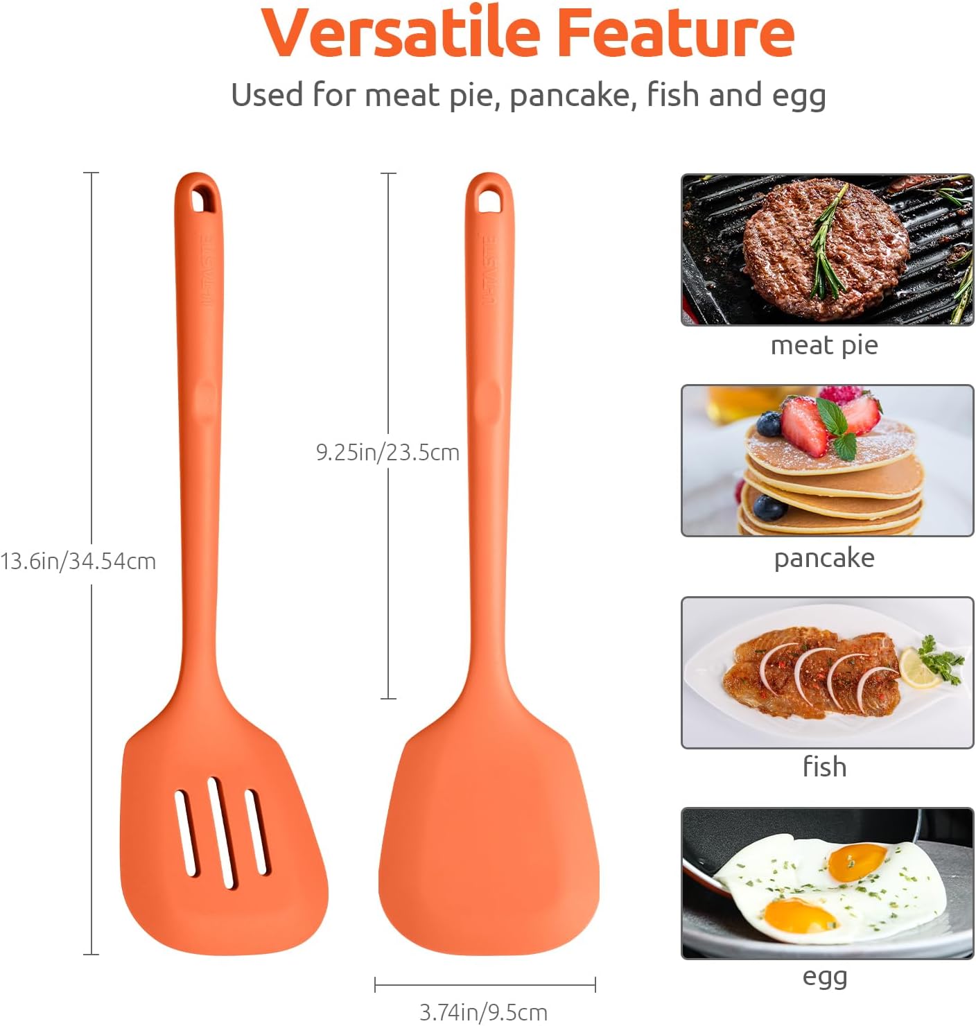 600ºF Heat Resistant Silicone Turners: U-Taste 13.6in Long Solid & Slotted Kitchen Spatula Flipper, Large Flexible Cooking Utensil for Flipping Egg, Pancake in Nonstick Cookware(Orange, 2PCS)