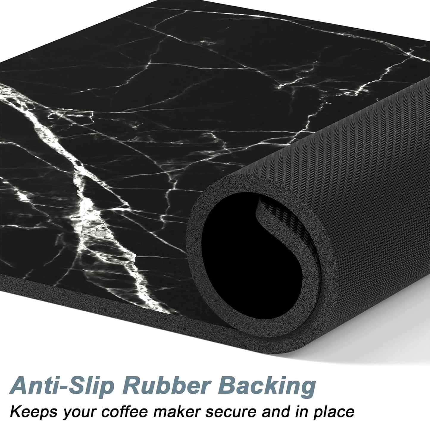 Rnivvi Coffee Mat, 16" x 24" Cute Marble Style Coffee Bar Mats for Espresso Machine Station Accessories and Organizer, Hide Stain Rubber Backed Absorbent Dish Drying Pad for Kitchen Counter, Black