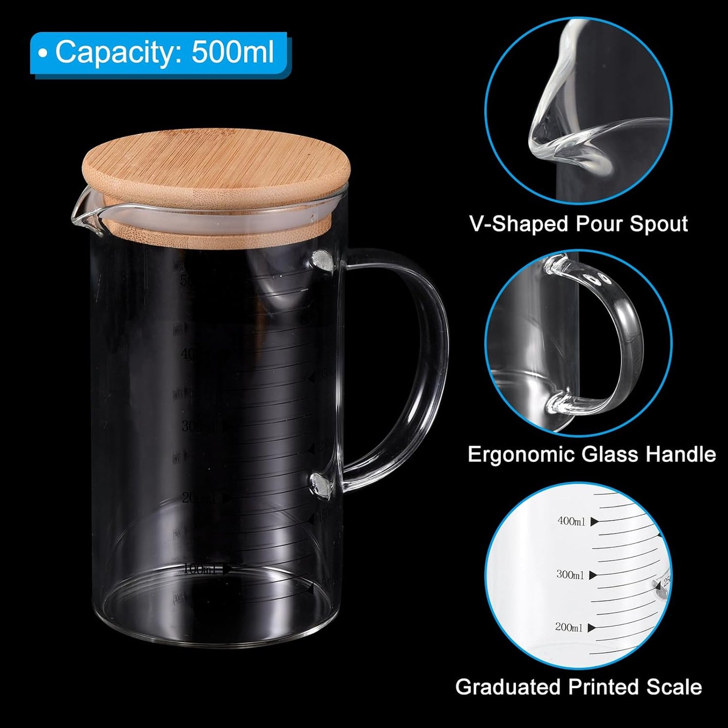 PATIKIL 500ml Glass Measuring Cup, 3.3 Borosilicate Glass Graduated Black Printed Scale Liquid Measure Cups Beaker with Wood Lid and V-Shaped Spout for Kitchen