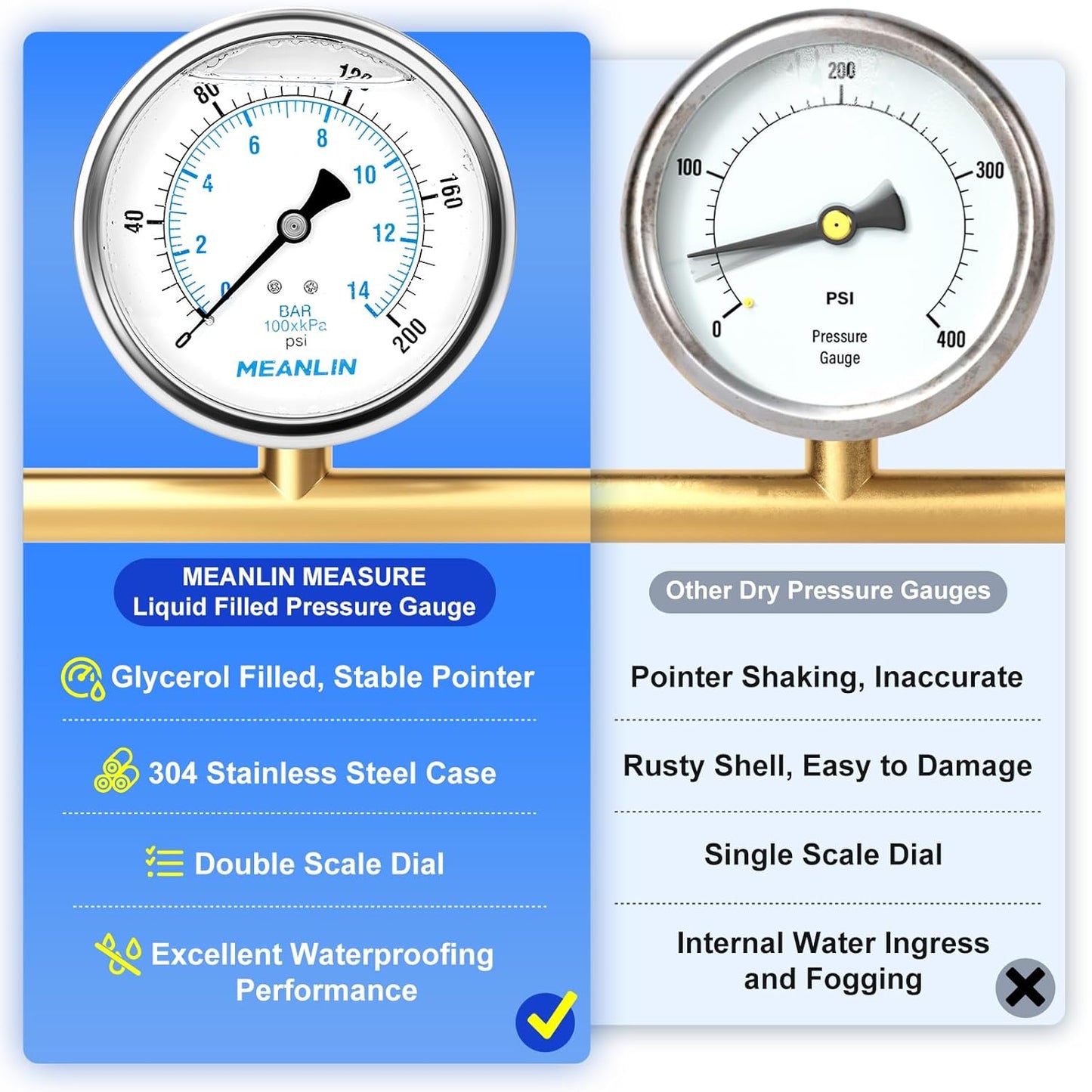 MEANLIN MEASURE 0~200Psi Stainless Steel 1/4" NPT 4" FACE DIAL Liquid Filled Pressure Gauge WOG Water Oil Air Back Mount, with 1/4" x 1/2" NPT and 1/4" x 3/8" NPT Hex Bushing