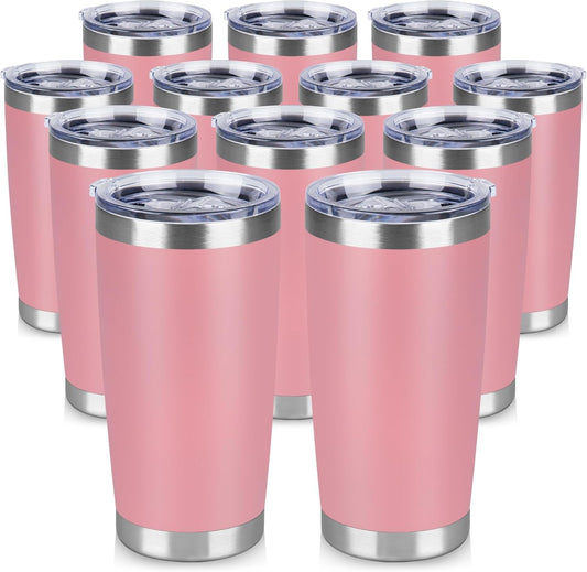 20 oz Tumbler Stainless Steel Tumblers Bulk with Lid Double Wall Insulated Coffee Tumbler Cups for Hot & Cold Drinks Powder Coated Travel Coffee Tumbler Mug Metal (Rose Pink, 12 pack)