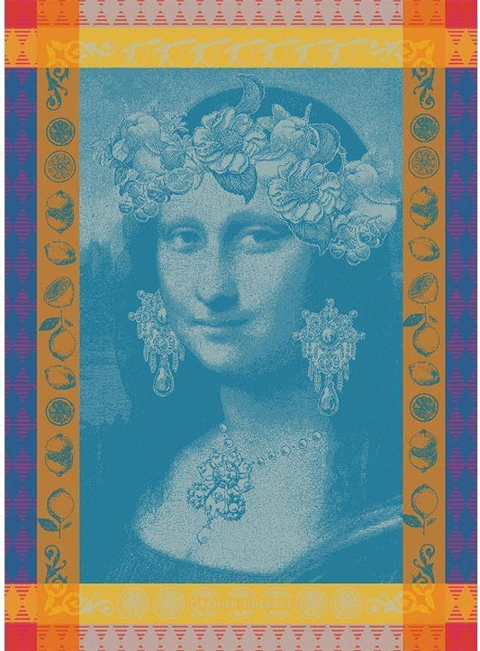Garnier Thiebaut Mona Lisa Bleu (Mona Lisa Blue) French Kitchen Towel 22"x30", Cotton, Jacquard
