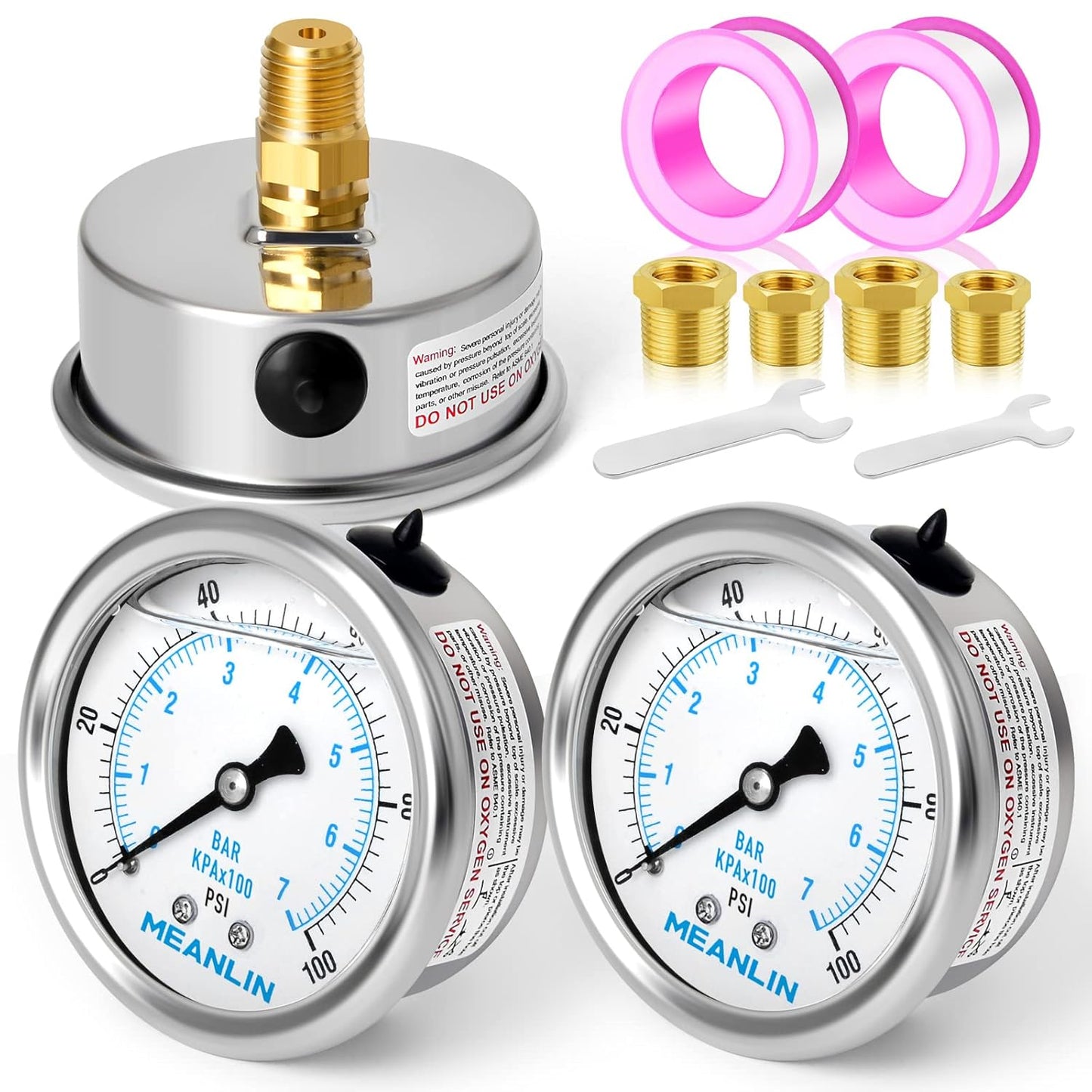 MEANLIN MEASURE 0~100Psi Stainless Steel 1/4" NPT 2.5" FACE DIAL Liquid Filled Pressure Gauge WOG Water Oil Air Back Mount (Pack of 2), with 1/2" NPT and 3/8" NPT Hex Bushing
