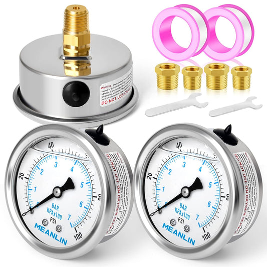 MEANLIN MEASURE 0~100Psi Stainless Steel 1/4" NPT 2.5" FACE DIAL Liquid Filled Pressure Gauge WOG Water Oil Air Back Mount (Pack of 2), with 1/2" NPT and 3/8" NPT Hex Bushing