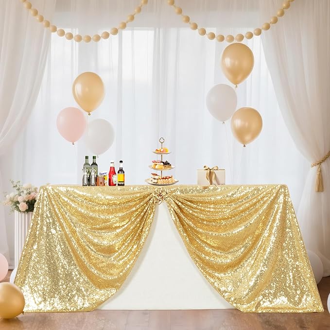 SquarePie Sequin Tablecloth 50 x 72 Inch Light Gold Glitter Table Cloth for Wedding Party Decoration