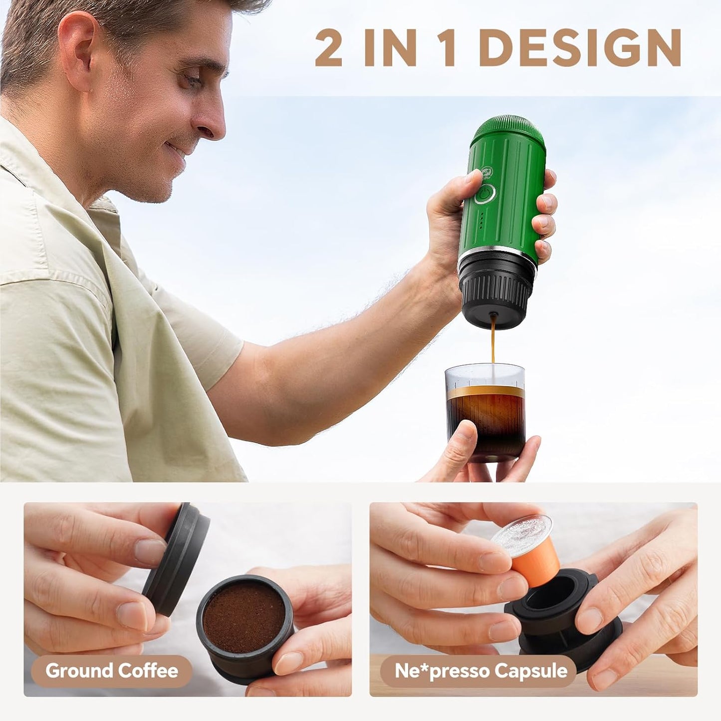 Rich Crema Portable Electric Espresso Coffee Maker, Fast self-heating 2 IN 1 Extraction System Espresso Machine, Support Ground Coffee and NS capsule, for Travel,Car,Hiking,Climbing（Green）