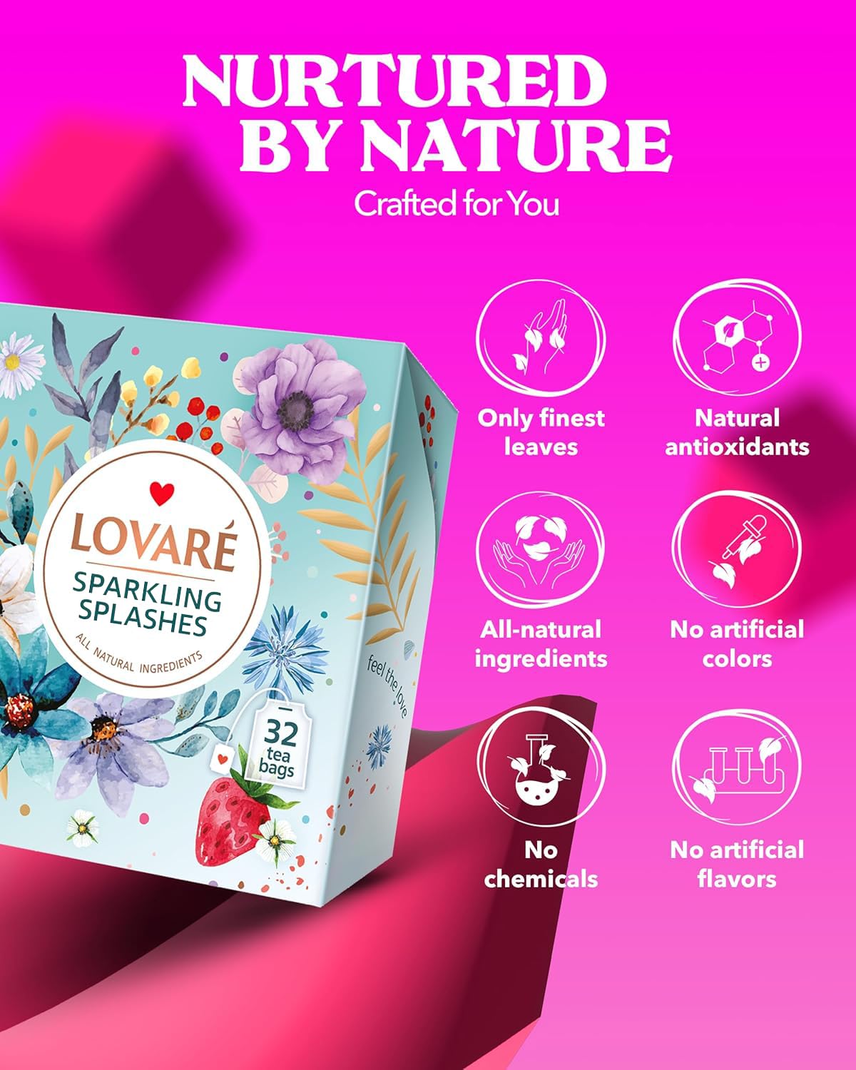 LOVARE Sparkling Splashes Tea Bags 64 g - Made in Ukraine - Classic Black and Sencha Green Flavored Tea Blend - Tea Bags Individually Wrapped - Gift Box Sets for Tea Lovers (32 Tea Bags x 2 g Each)