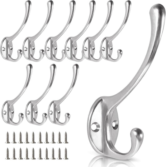 Wall Hooks for Hanging, 10-Pack Heavy Duty Metal Coat Hooks, for Living Room, Bathroom, Kitchen, Bedroom for Towel, Hat, Key, Closet, Bag (Silver)