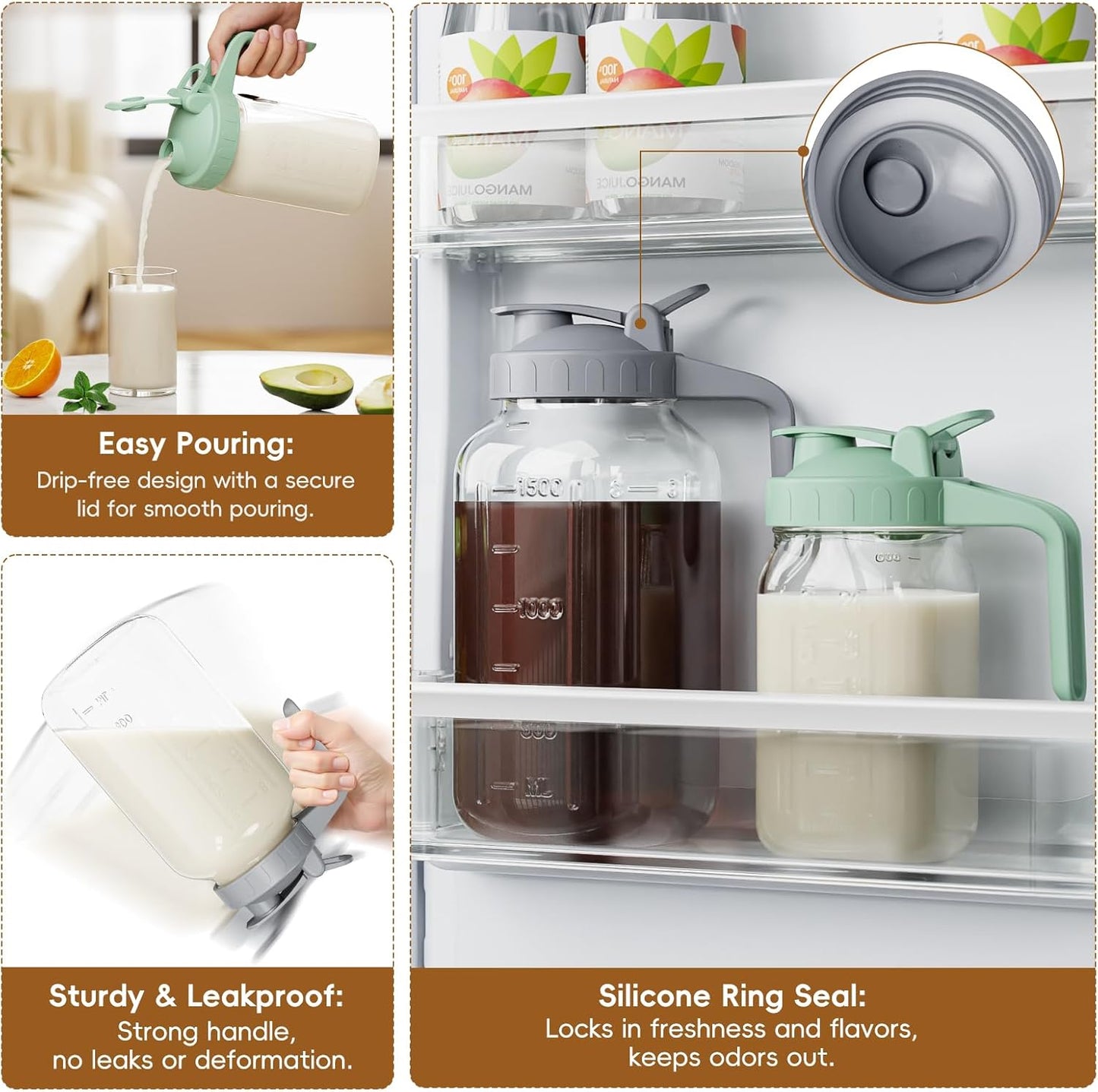 Breast Milk Pitcher Jug - 32 oz Glass Mason Jar Airtight Pitcher with Pour Spout Handle for Breastmilk, Iced Tea, Ice Drinks Storage Container（Green）