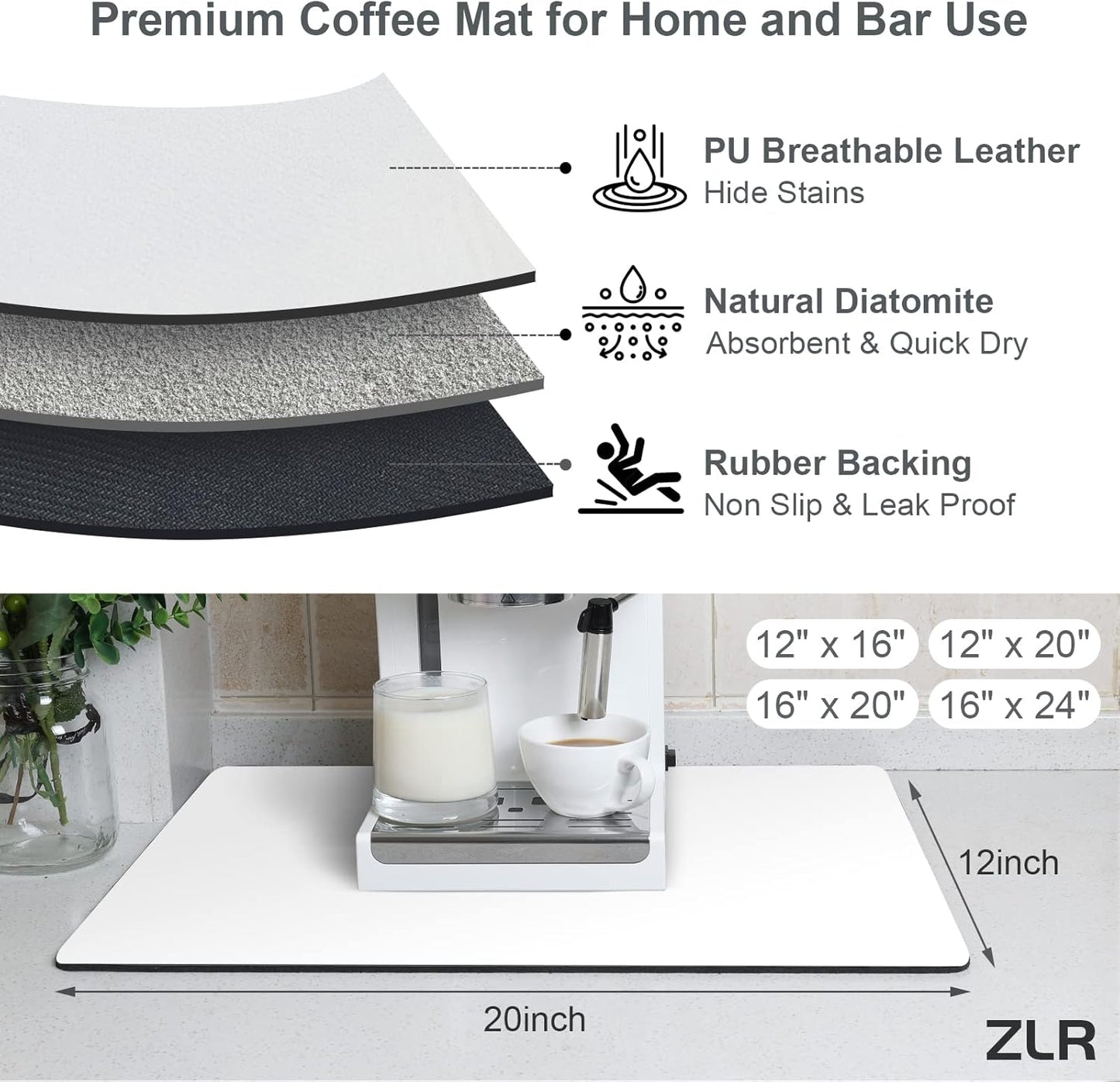 ZLR Coffee Mat - 12" x 20" Middle Kitchen Hide Stain Absorbent Dish Drying Mat for Countertop - Easy to Clean Coffee Bar Mat for Espresso Machine and Spill Protection - Milk White