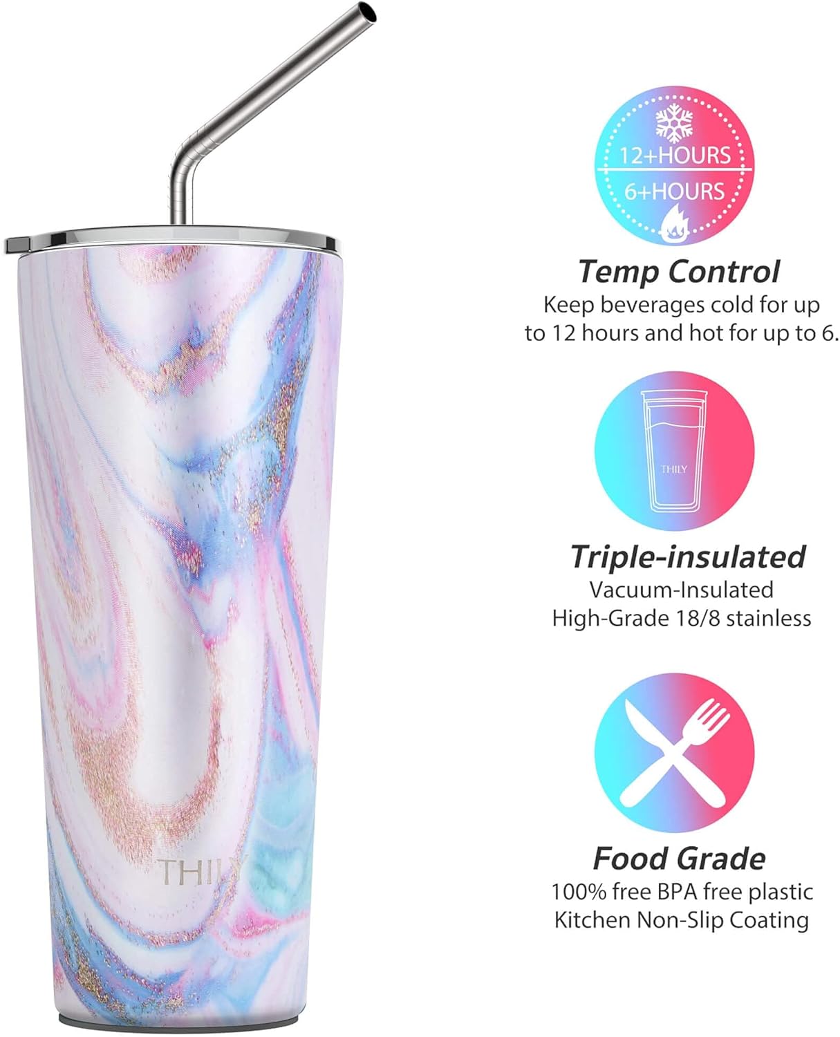 THILY Tumbler Stainless Steel Coffee Cup 26 oz Triple-Insulated Travel Mug with Splash-Proof Lid, for Ice Drinks and Hot Beverage Smoothies Cup, Pink Ripple