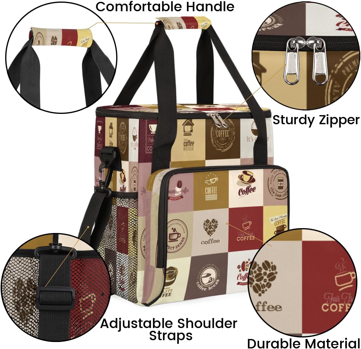 Set of Coffee Icons Maker Carring Bag Travel Carrying Storage Tote Compatible with Keurig K-Mini or Plus Portable Single Serve Brewer Case Pockets for K-cup Pods