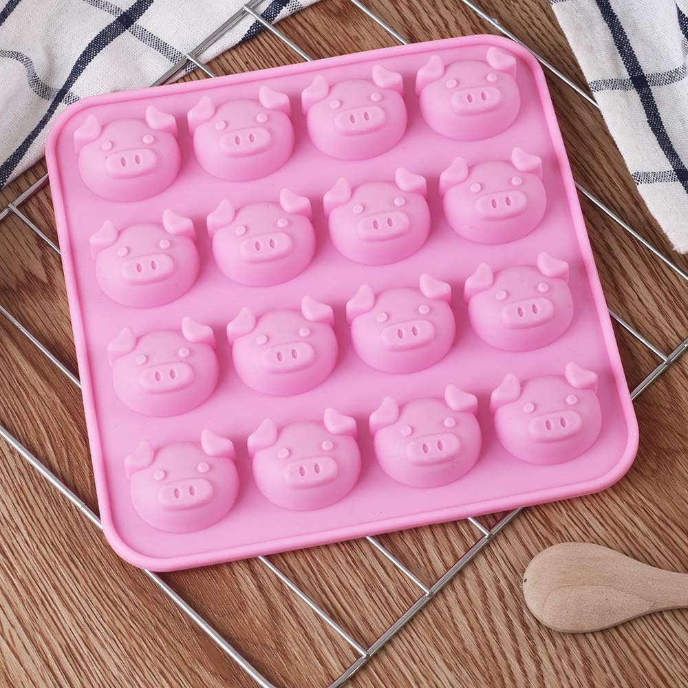 Newk Piggy Chocolate Silicone Mold, 4 Packs 16- Cavity Pig Face Emoticons Piglet Candy Molds for Jelly, Fondant, Hard Candy, Keto Fat Bombs, Resin
