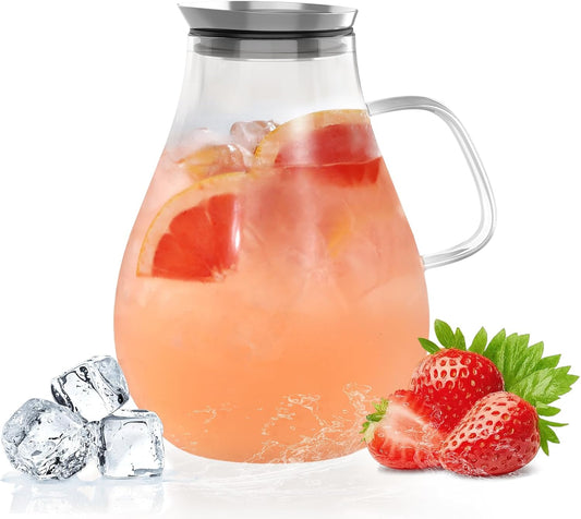 Glass Pitcher, 51 oz Glass Water Pitcher Jug Carafe, 0.4 Gallon Clear Tea Pitchers With Handle And Lid, Pitcher With Lid And Spout for Hot/Iced Water Milk Juice Coffee Fruit