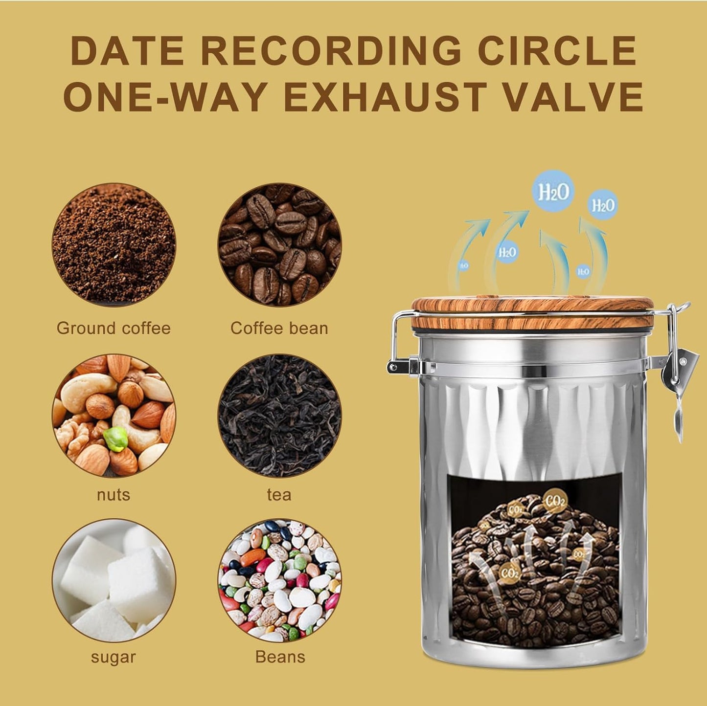 TEDSWAIT Coffee Container with Sealed Cantilever Lid and Scoop, Airtight Stainless Steel Kitchen Food Storage Canister with Date Tracker, 1.8L(Silver)