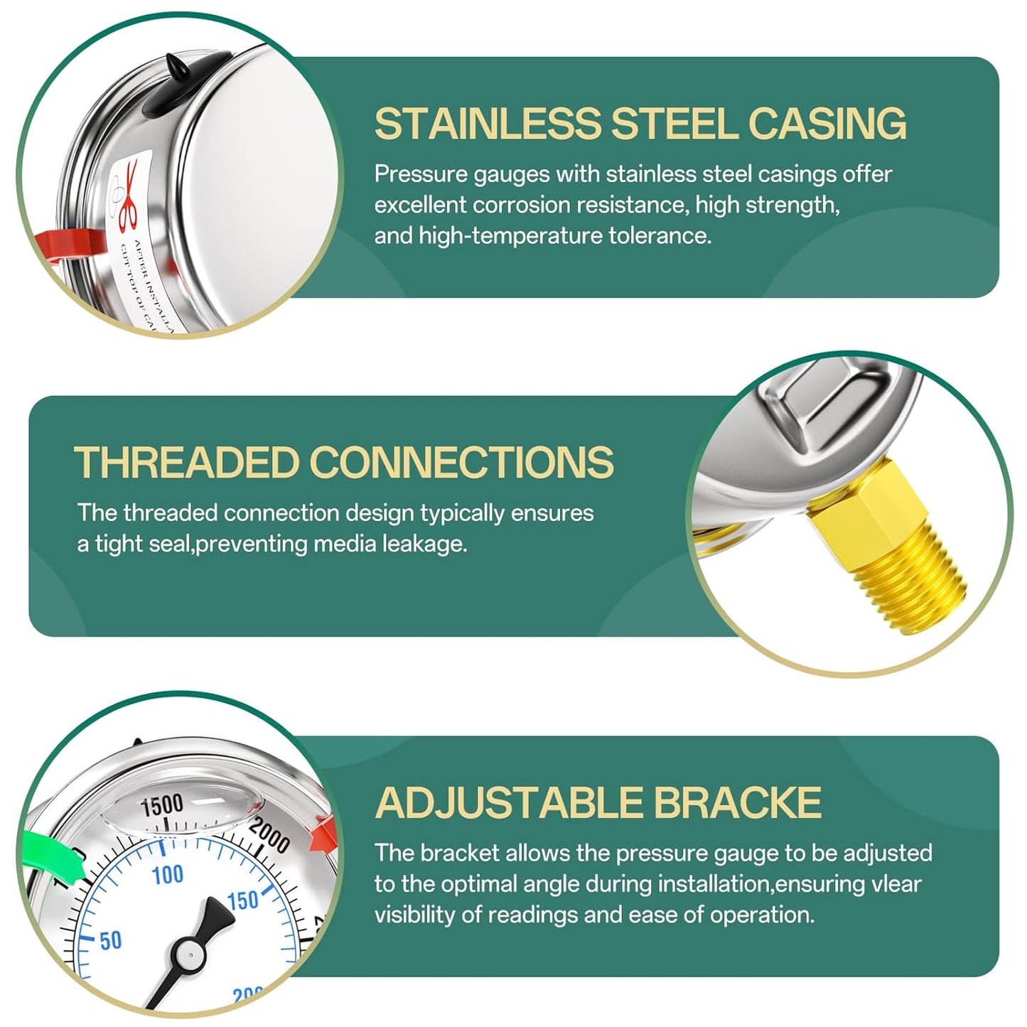 0-3000psi Stainless Steel 1/4" NPT 2.5" Dial, Glycerin Liquid Filled Pressure Gauge Lower Mount Designed for Pressure Testing of Water, Oil and Air (with Range Mark Pointer)