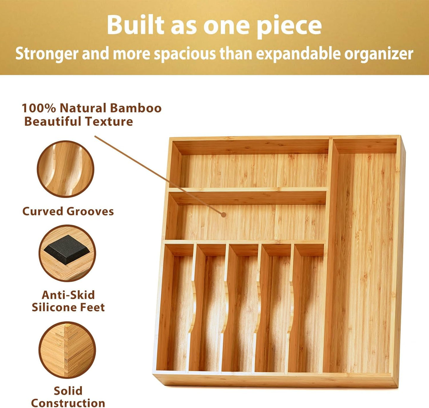 Umilife Large Kitchen Drawer Organizer, 19"x20" Silverware Utensils Organizer, 2.5" High for Large Deep Drawers, Bamboo Flatware Holder with Thick Frames, Sturdy Kitchen Organization Tray