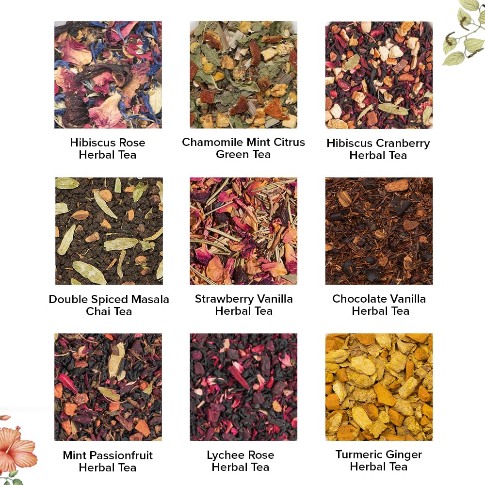 VAHDAM Top 9 Exotic Loose Leaf Herbal Tea Sampler (18+ cups) | No Caffeine | Floral & Fruity Blends with Delicious Taste | Hot & Iced | Perfect for Gifting & Regular Consumption