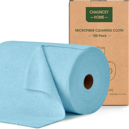 Roll of Microfiber Cleaning Cloth –100 Pack, Tear Away Microfiber Towels, Reusable, Washable, Scratch-Free, Cleaning Supplies,Kitchen Towels for Car, Home, Kitchen, Glass, Dishes(Blue)