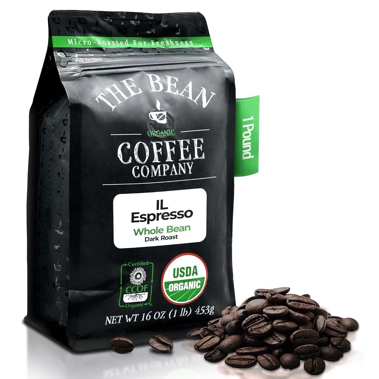 The Bean Organic Coffee Company Il Espresso, Dark Roast, Whole Bean Coffee, 16-Ounce Bag