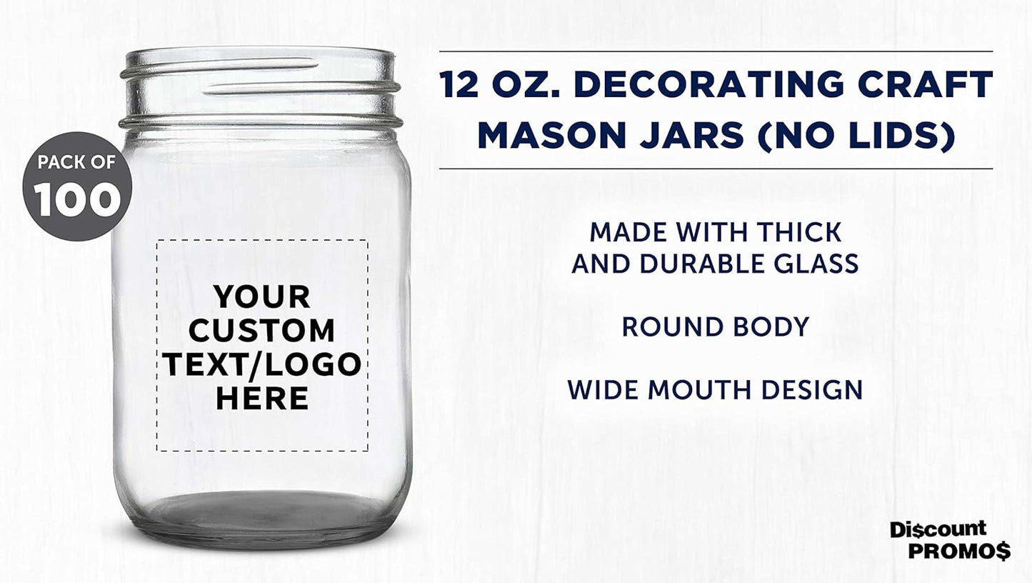 DISCOUNT PROMOS Custom Decorating Mason Jars 12 oz. Set of 100, Personalized Bulk Pack - Glass Jars for Overnight Oats, Candies, Fruits, Pickles, Spices, Beverages - Black
