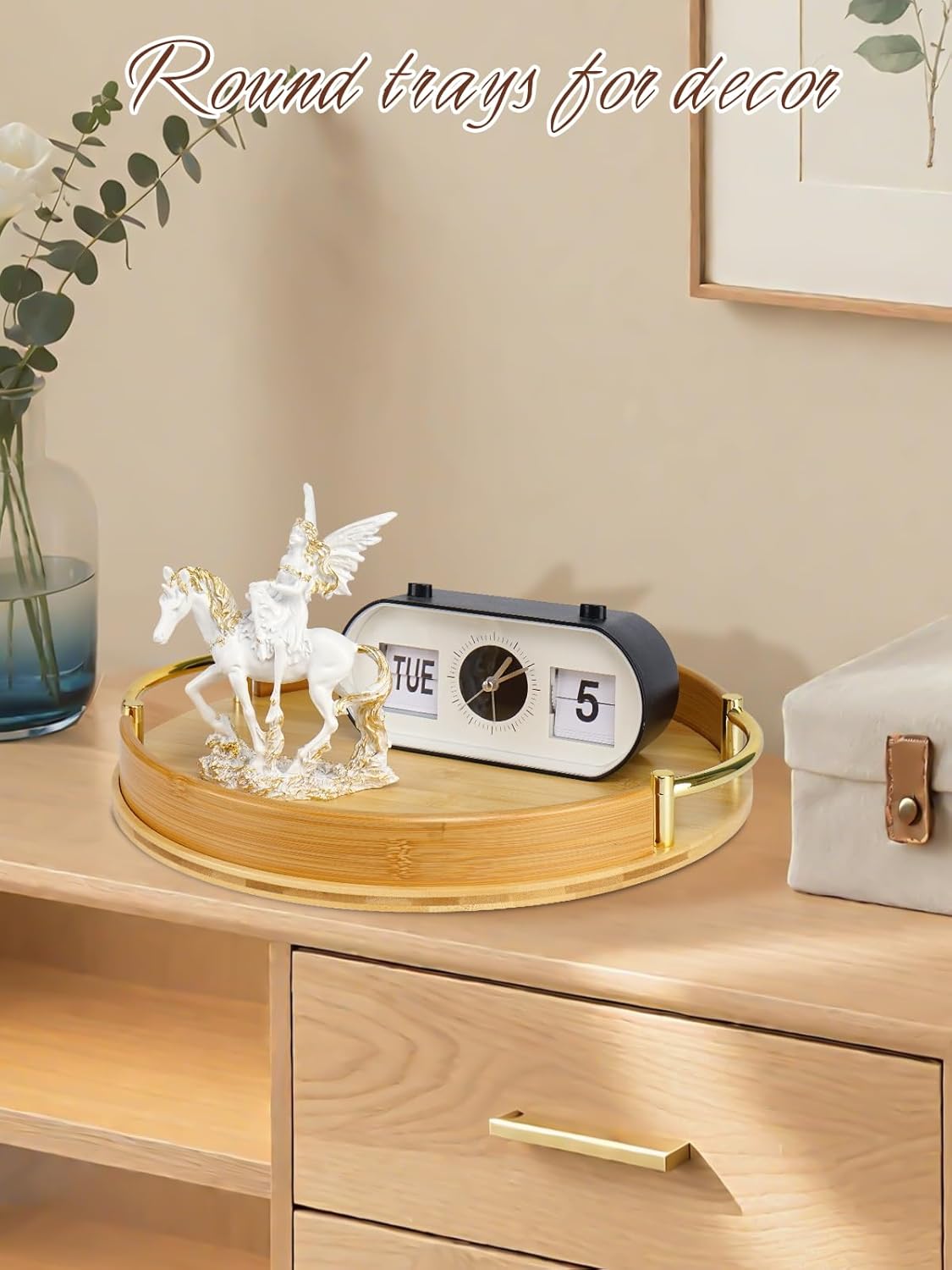 JUPELI 14″ Round Bamboo Serving Tray with Handles – Decorative Tray, Breakfast Tray, Coffee Table Tray, Ottoman Tray, Kitchen Platter for Drinks, Snacks, Vanity, Home Decor & Gifts