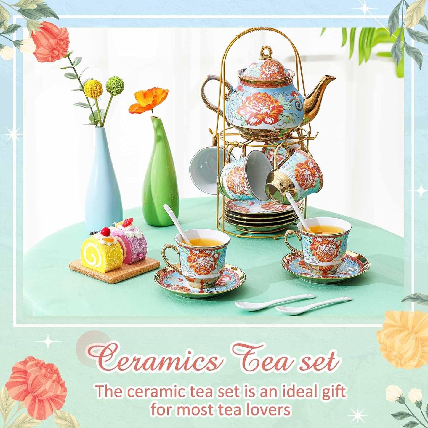 Zhehao 20 Pcs Porcelain Tea Set with Metal Holder and Spoon Adult Ceramic Tea Party Set European Flower Painting Teapot Cup Saucer Spoon Set for Women, Large Version(Retro Style)