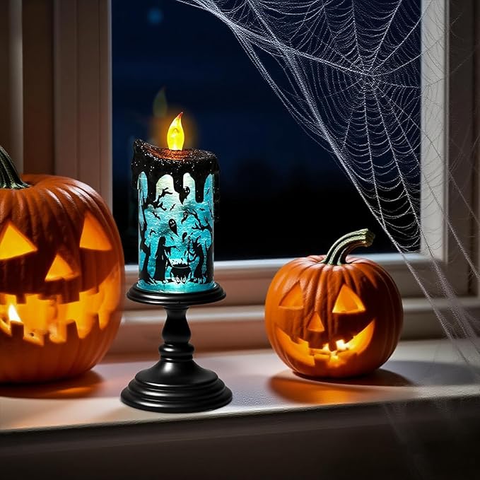 Eldnacele Halloween Snow Globe Flameless Candle with Timer, Battery Operated Spooky Spinning Water Glittering Tornado Lamp LED Candlestick Table Fireplace Witch Decal Halloween Holiday Decoration