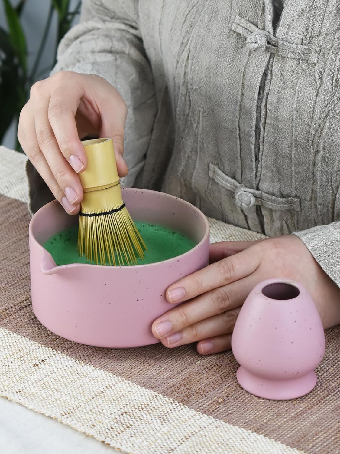 Artcome Matte Pink Matcha Bowl Set with Spout – Handmade Ceramic Chawan, Bamboo Whisk, Whisk Holder, Tea Scoop, and Matcha Manual – Japanese Tea Ceremony Set for Matcha Lovers