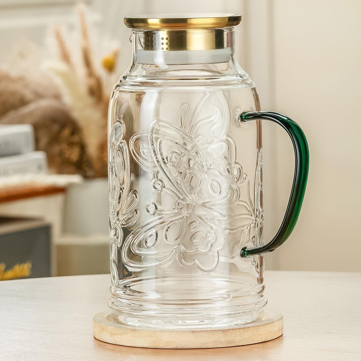 Glass Pitcher with Lid and Handle, 2 PACK 68 oz/2 Liter Vintage Butterfly Design Fridge Water Pitcher, Borosilicate Glass Water Carafe for Hot/Cold Water,Coffee,Iced Sun Tea,Heat Resistant
