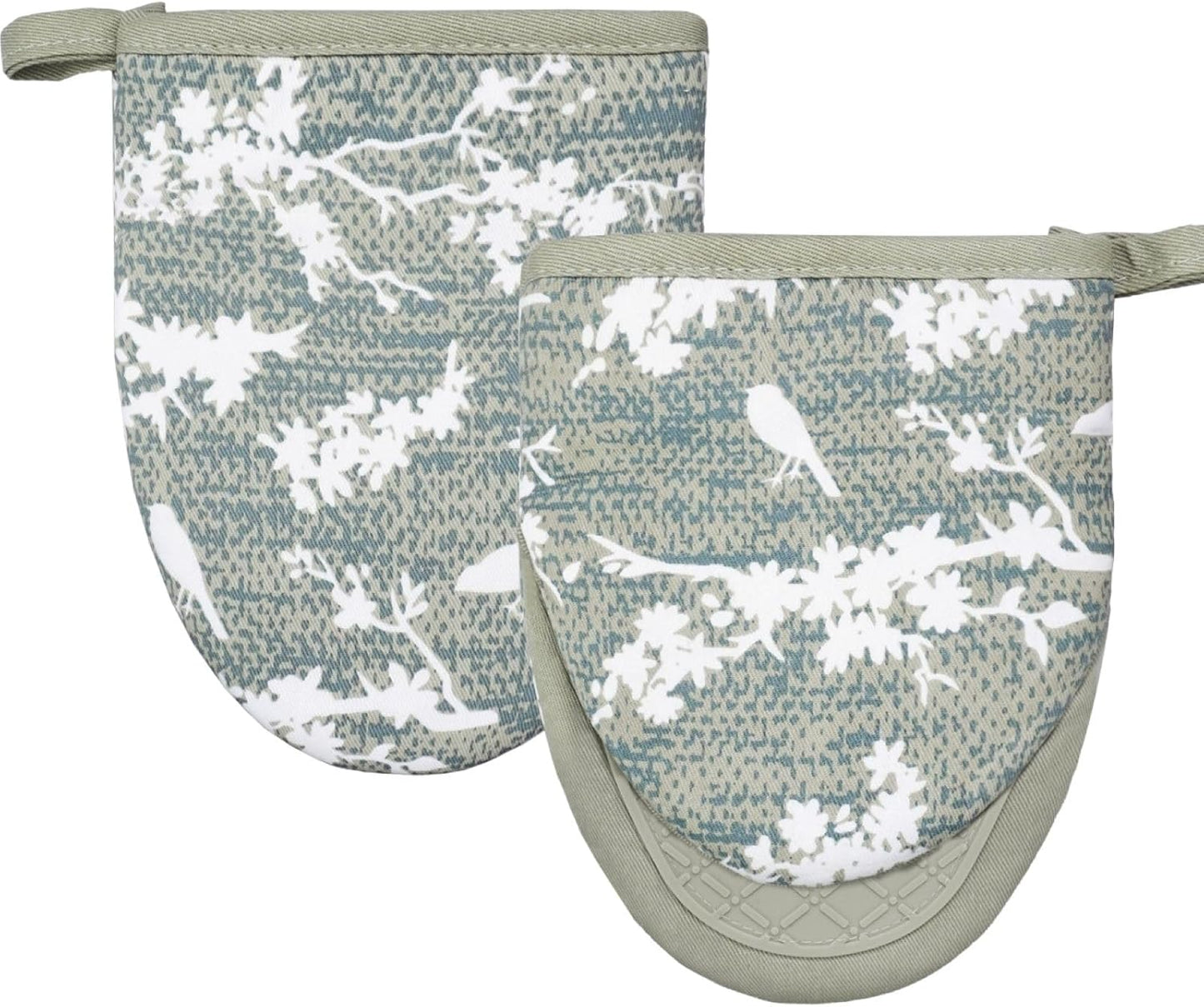 Mini Silicone Oven Mitts, Heat and Slip Resistant Kitchen Gloves 2-Pack Set, Birds Flower Soft Short Oven Mittens, Flexible Thick Pot Holders for Safe Cooking Baking and Grilling (Mini, Aqua)