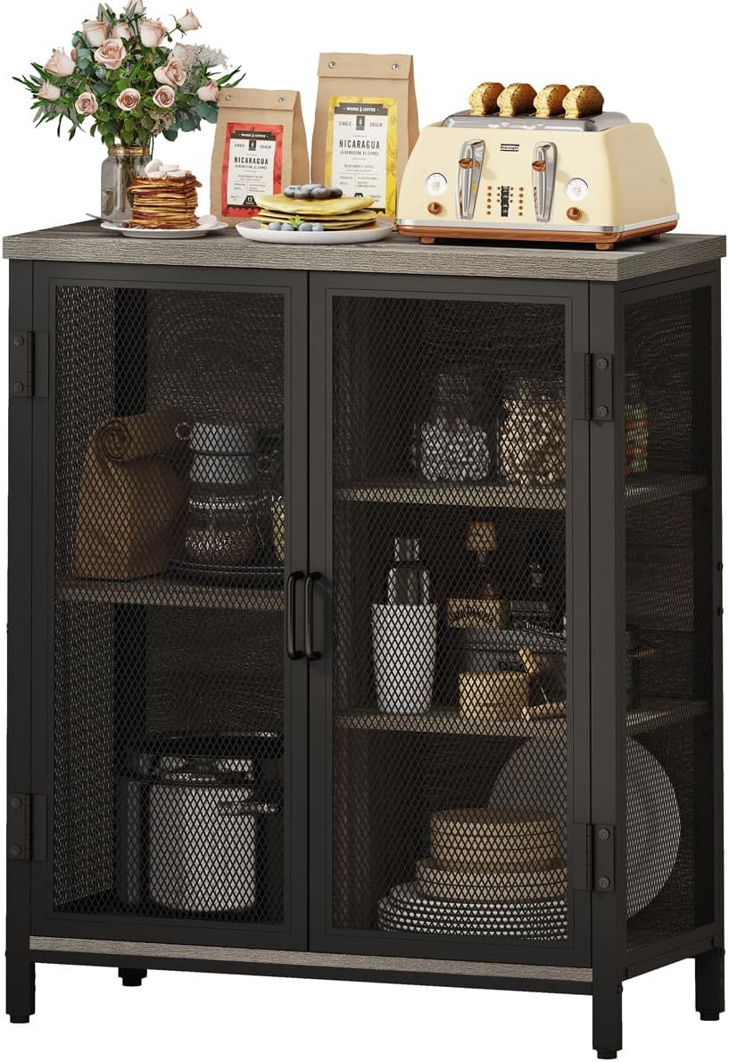 BON AUGURE Small Coffee Bar Cabinet for Liquor, Farmhouse Storage Cabinet with Doors, Wood Sideboard Buffet Cabinets for Home Kitchen, Dining Room, Living Room (Dark Grey Oak)