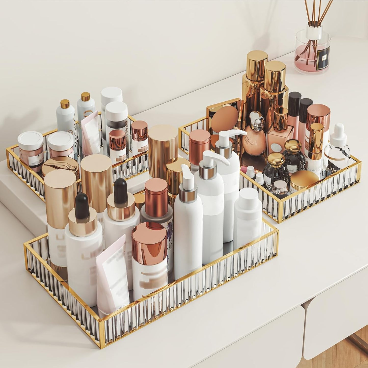 DAWNTREES Glass Vanity Tray, Bathroom Counter & Bedroom Dresser Organizer, Gold Border with Glass Bottom,Jewelry Makeup Perfume Display Trays for Home Decor,Set of 3 (Small, Medium, Large)