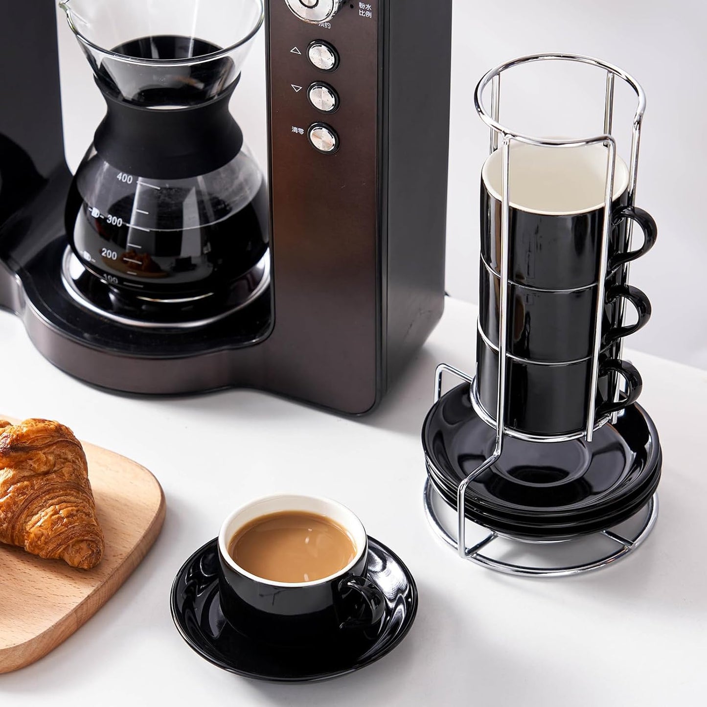 2.5 Ounce Porcelain Espresso Cups with Saucers and Silver Stand, Black Stackable Cups Set of 4