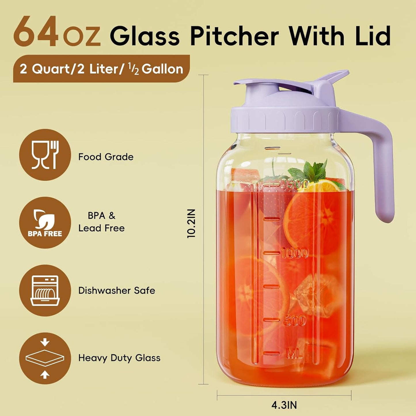 Glass Mason Jar Pitcher, 64 oz Wide Mouth Jug with Pour Spout Handle Lid for Cold Brew Coffee, Ice Beverage, Iced Juice, Lemonade, Sun Tea, Fruit Drinks Container（Purple）