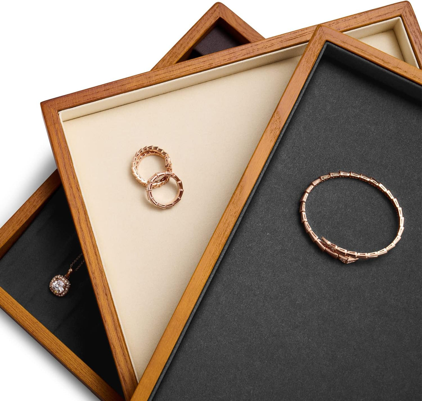 Oirlv Wood Flat Jewelry Tray Stackable Jewelry Drawer Organizer Showcase Jewelry Holder(Grey)