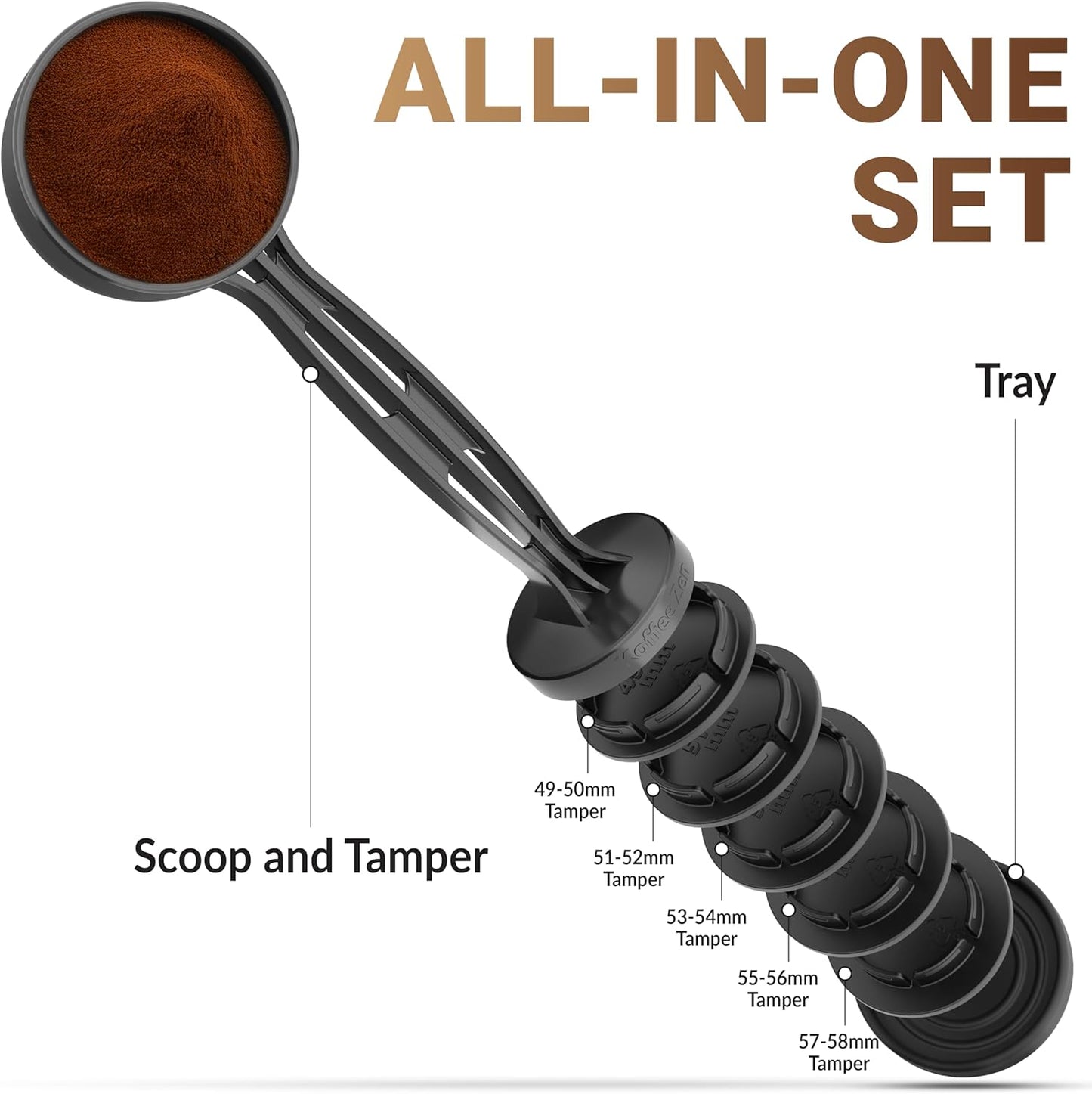 Koffee Zen Espresso Tamper Set, 5 Interchangeable Sizes (49–58mm), Dual Coffee Scoop (1 & 2 TBSP), Fits Select Breville, De’Longhi & More Models