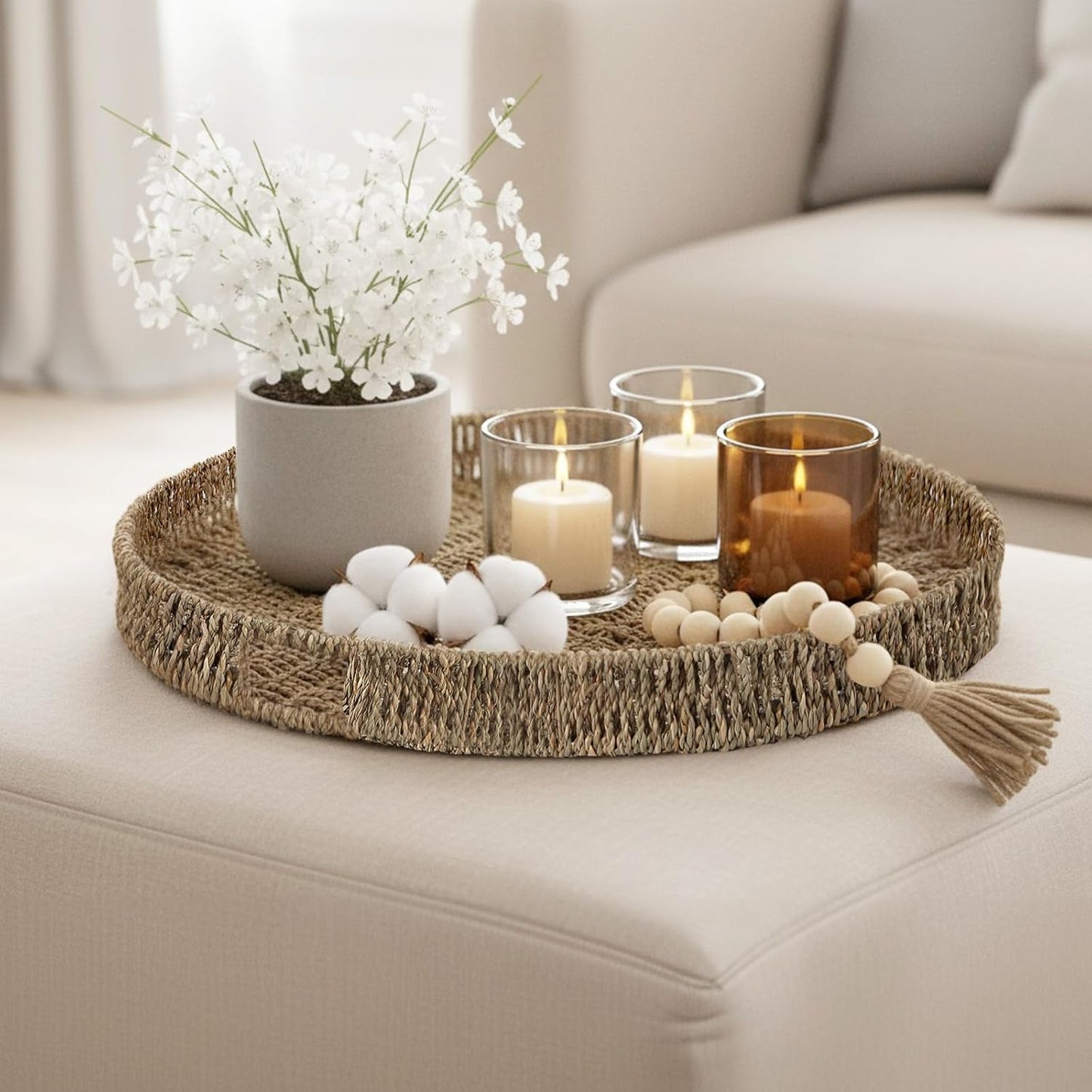 Round Ottoman Tray Large Wicker Serving Tray with Handles for Coffee Table, 18 Inch Handwoven Natural Seagrass Tray