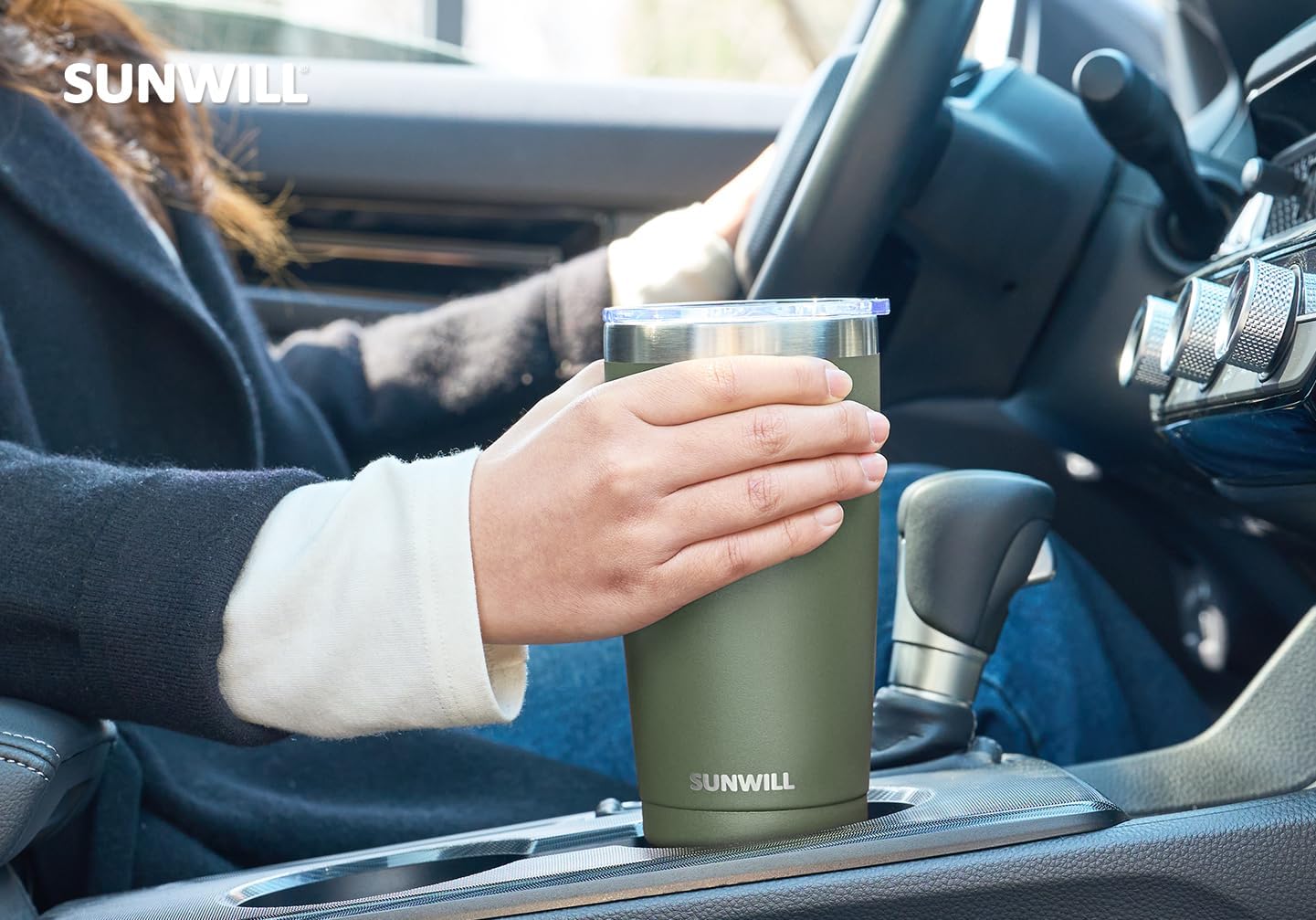 SUNWILL Travel Coffee Tumbler 20 oz, Insulated Mug with Lid, Stainless Steel Iced Cup for Outdoor, Powder Coated Camp Green