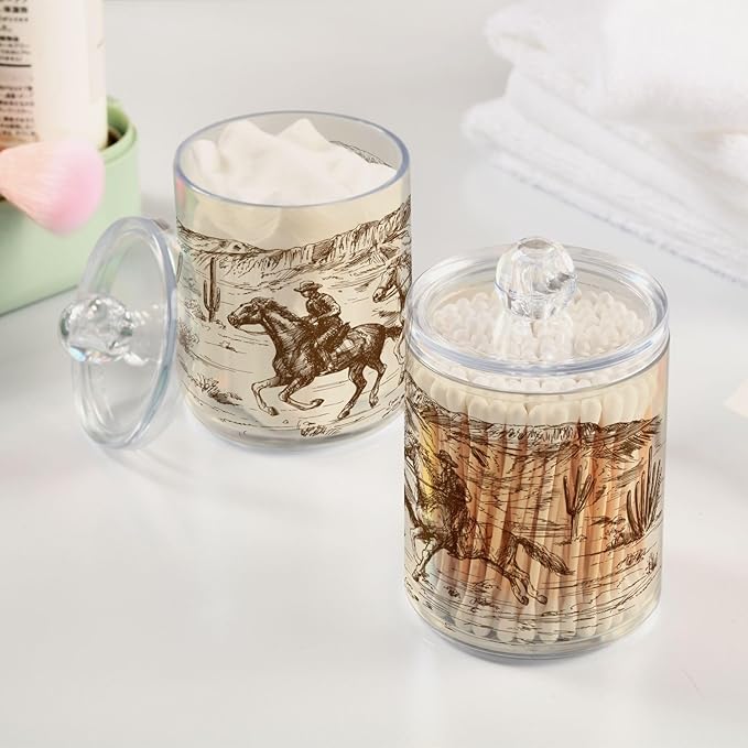 2 Pack Qtip Holder Organizer Dispenser Western Desert Cowboy Bathroom Storage Canister Cotton Ball Holder Container for Cotton Swabs/Pads/Floss