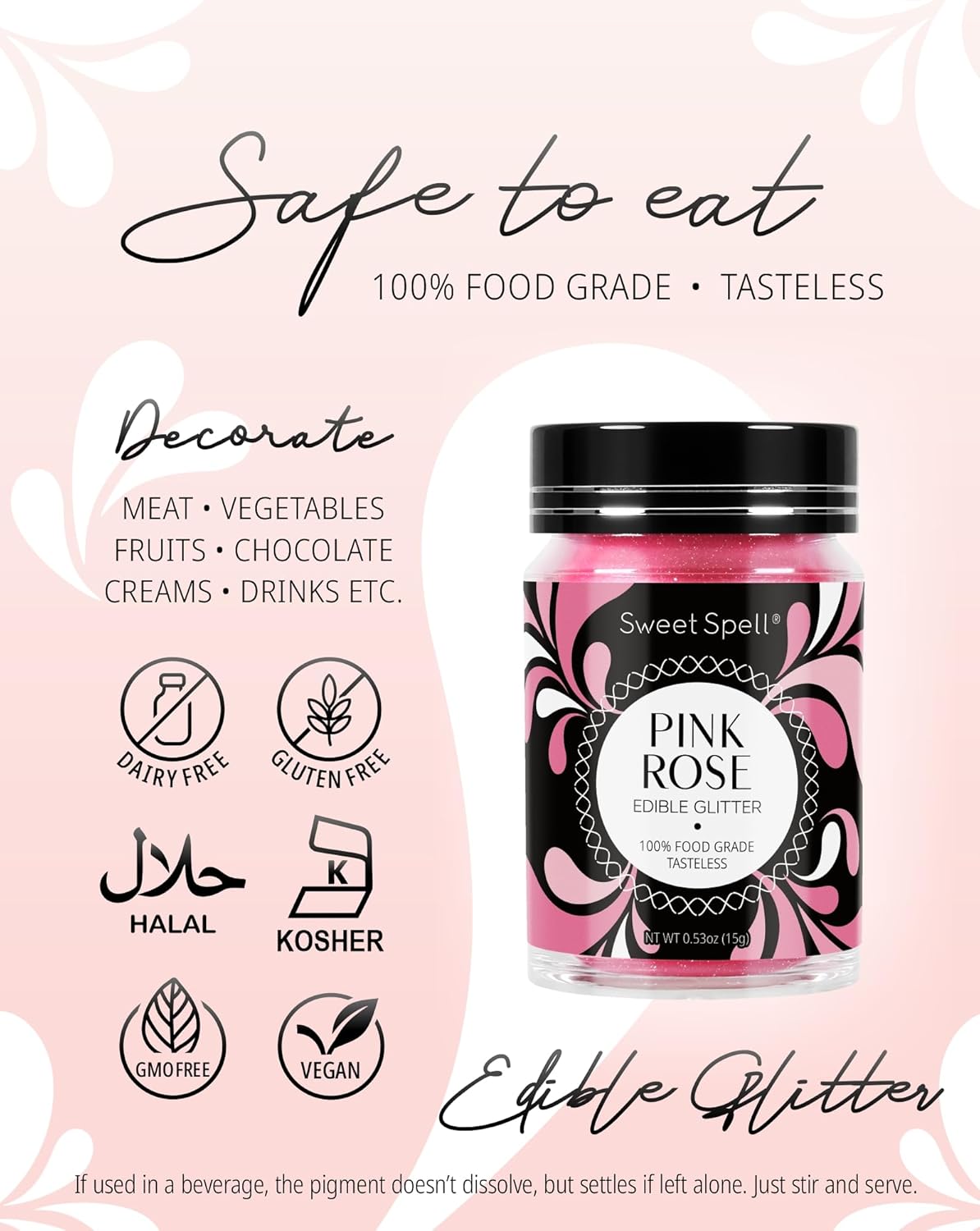 Sweet Spell Pink Edible Glitter (15g) - Shimmer Sparkles for Drinks, Cakes, Cocktails - 100% Edible & Food Grade Glitter, Vegan, Gluten-Free (Pink)