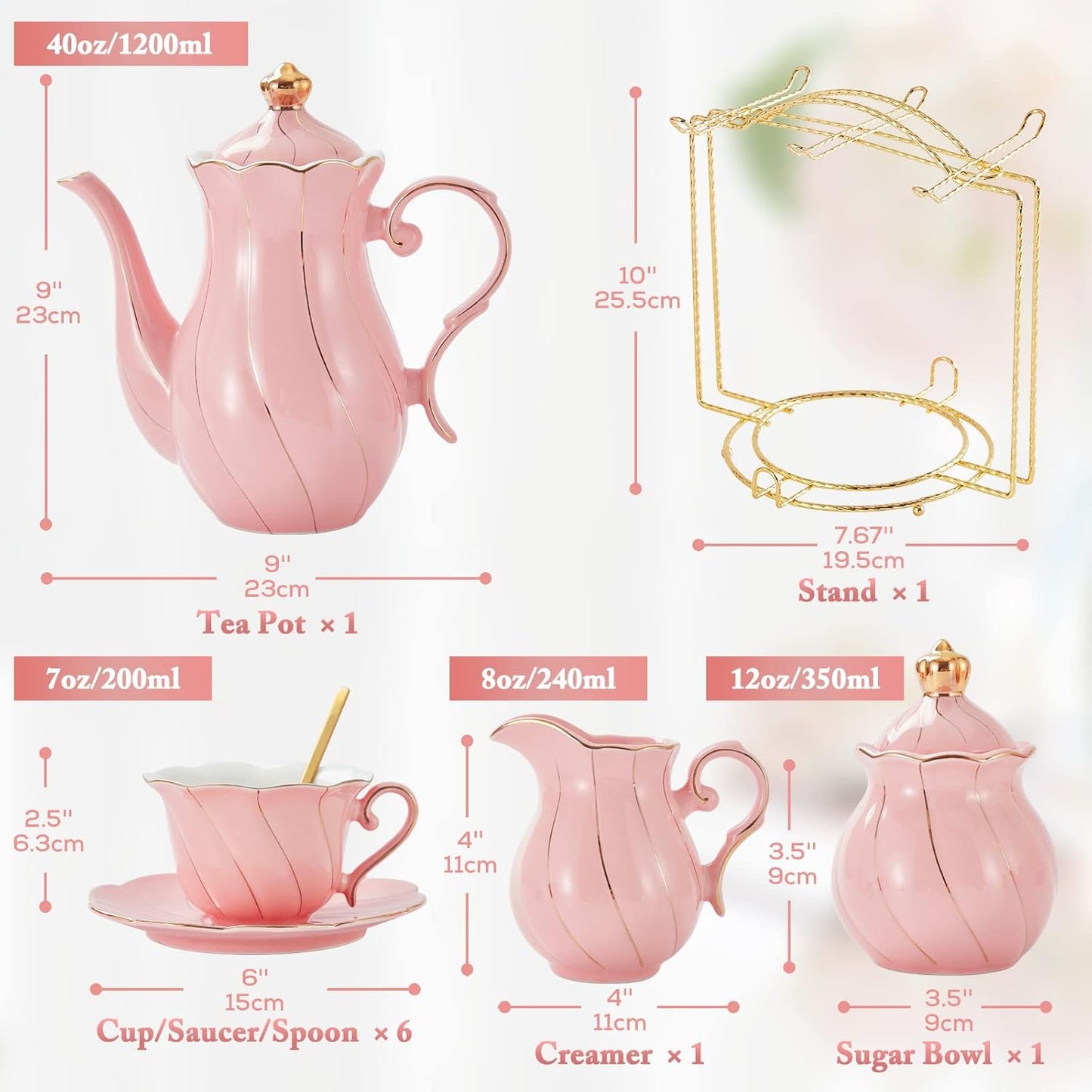 DUJUST 22 pcs Porcelain Tea Set for 6, Luxury British Style Tea/Coffee Cup Set with Golden Trim, Beautiful Tea Set for Women, Tea Party Set, Gift Package (With a Stand) - Pink