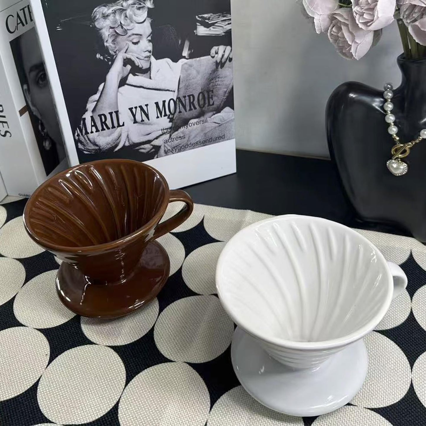 Pour Over Coffee Maker, Single Cup Coffee Dripper, Manual Porcelain Slow Brewing Accessories for Travel, Camping, Office, Home, Cafe, Coffee Gifts (Brown, Large,2-4Cups)