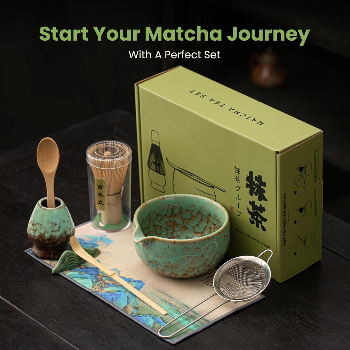 Matcha Whisk Set, Ceramic Matcha Set Includes Matcha Bowl, Whisk & Holder, Scoop, Sifter, Spoon, Scoop Rest, Tea Mat, Hand Book - 9 Pcs Kit for Matcha Lovers (Green)
