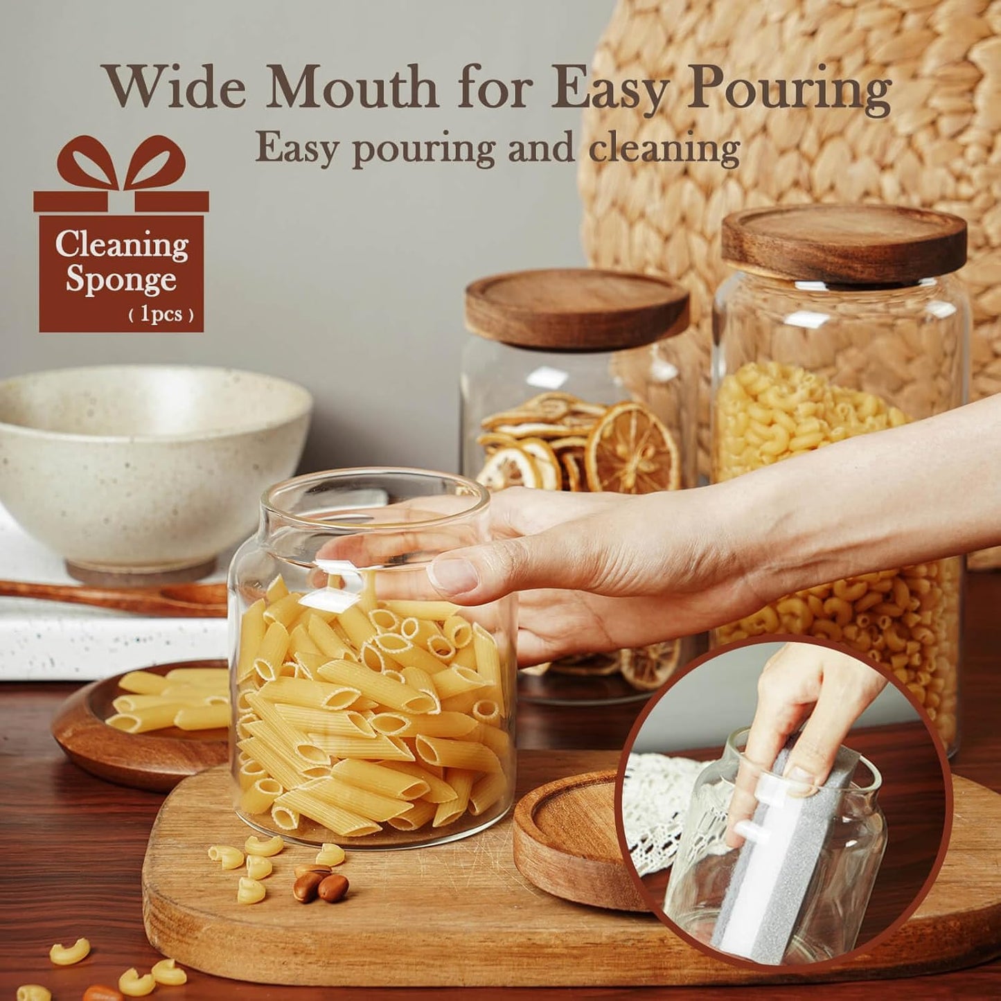 Labina Glass Storage Container Airtight Food Jars Kitchen Canister with Wood Lids, 20 Oz Wide Mouth Pantry Organization Glass Jar for Flour, Sugar, Cookie, Spagetti, Nuts and Candy